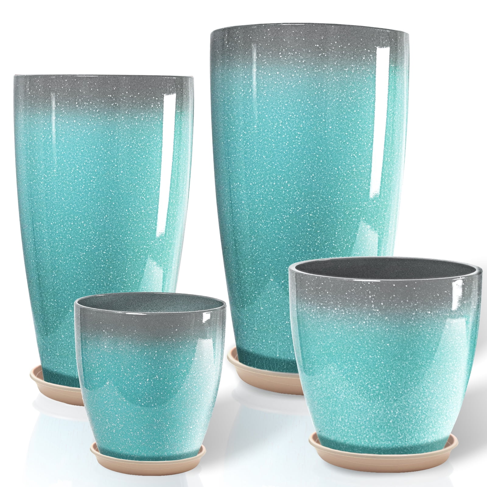 FIASON 4 Pack Large Plastic 24/21/12/10" H Sky-Blue Speckled Glossy Tall Planters, Gradient Finish Planters for Outdoor with Shelf Inset, Large Planters with Drainage Holes for Front Porch Patio
