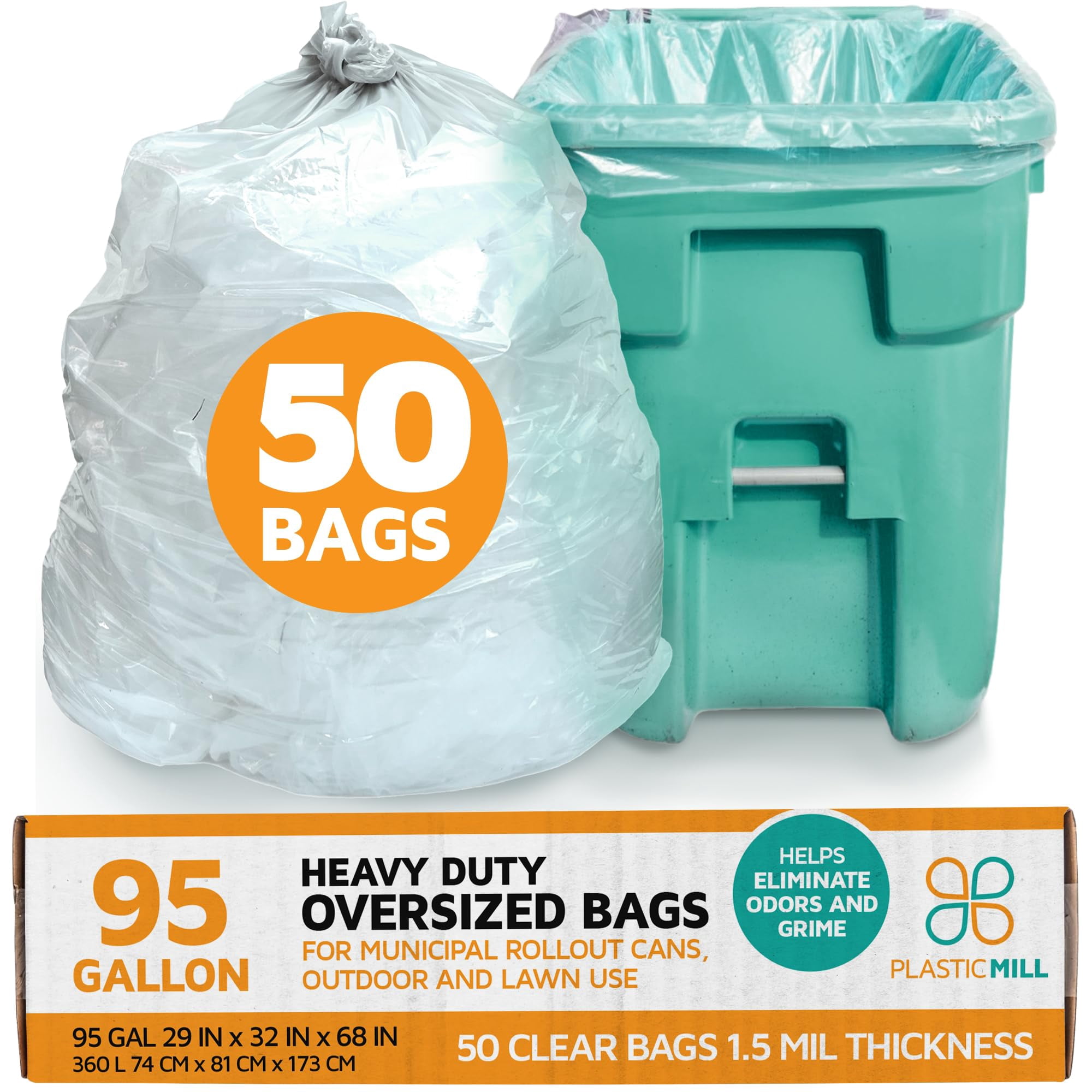 PlasticMill Heavy Duty Trash Bags - Clear Garbage Bags - Plastic Trash Bags for Large Rolling Trash Bins - Tall Trash Bags - 95-Gallon Large Kitchen Trash Bags, 1.5 Mil, 61"x68" (50-Count)