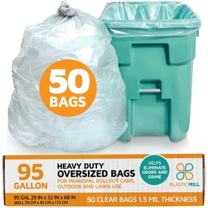PlasticMill Sacs à corbeilles lourds - Sacs à ordures transparents - Plastic Sacs à corbeille pour grandes poubelles - Sacs à corbeilles de grande taille - 95-Gallon Sacs à corbeille de cuisine, 1.5 Mil, 61"x68" (50-Count)