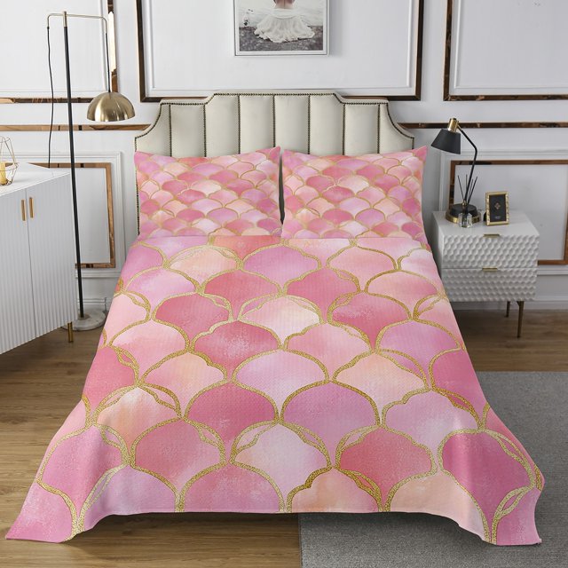 Pink Marble Quilt Set Metallic Stone Pattern Bedspread Set Gold Glitter Coverlet Set Abstract Marbling Texture Bed Set For Girls Kids Teens Twin Size,Pink