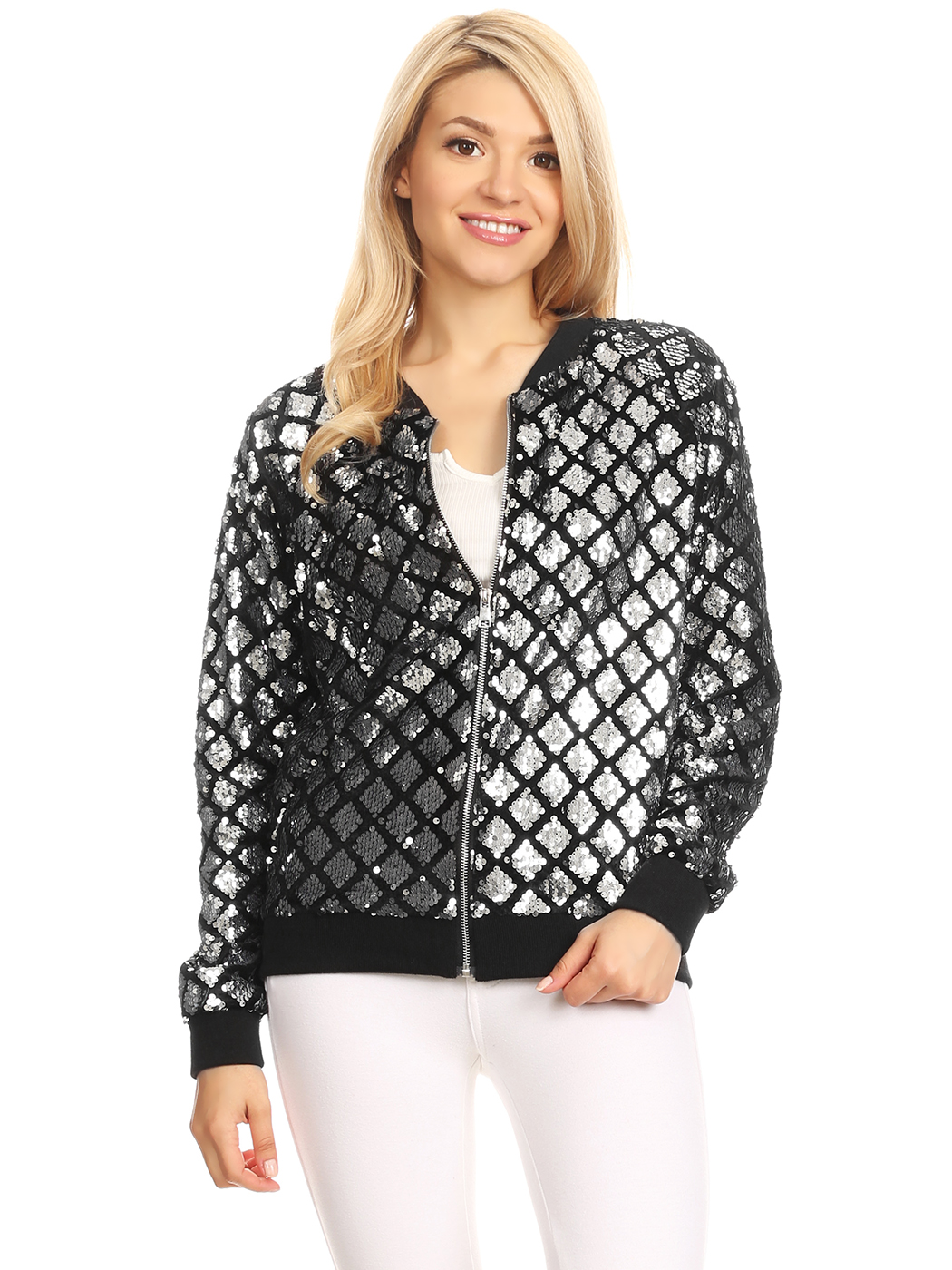Fashion Womens Sequin Long Sleeve Front Zip Jacket with Ribbed Cuffs