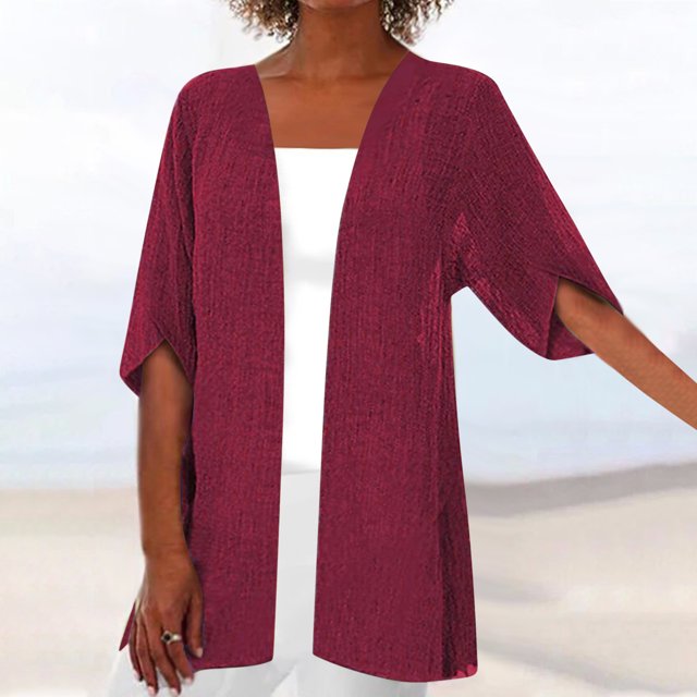 Cardigans Courts pour Femmes Mode Cardigan Décontracté Couleur Unie Manches Mi-Longues Sans Capuche en Liquidation