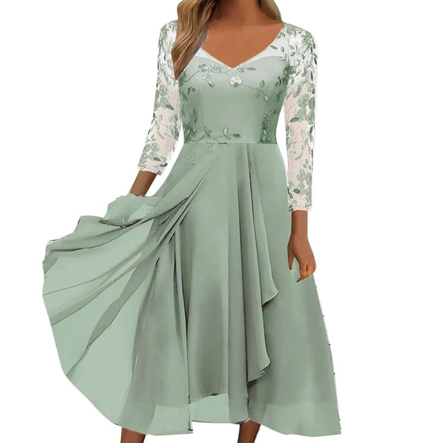 WTXUE Robe à Manches Longues, Robe Longue en Mousseline Patchwork à Col en V Ajourée pour Femme, Robes de Soirée Demoiselle d'Honneur Robe Décontractée, Robe en Tulle Femme, Robe en Maille, Robe Verte, 3# Vert m