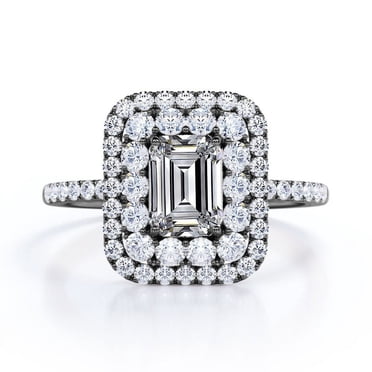 JeenMata 1.5 Carat Emerald Cut Moissanite Engagement Ring - Bridal Ring - Double Halo Ring - Cluster Ring - 18k Black Gold Over Silver
