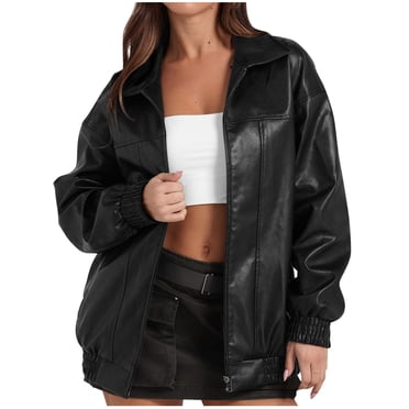 Moxiu Women's Faux Leather Jackets Boyfriend Long Sleeve Zipper Oversized Motorcycle Biker Coat Trendy Travel Casual Outfits 2025 Black,S