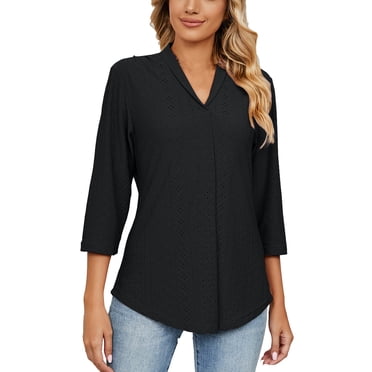 Blouse Ajourée Élégante Ample Décontractée pour Femme Liquidation Col à Revers Col en V Tunique Habillée Vintage Chemisiers de Travail pour Dame Manches 3/4 Chemises Western Hauts d'Été Femme Couleur Unie Plissée Noir TTG