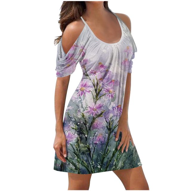 Robes à Épaules Dénudées pour Femmes Robes d'Été pour Femmes Imprimé Manches Courtes Robe à Épaules Dénudées Col Rond Robes à Manches Courtes pour Femmes Robes d'Été Courtes pour Femmes