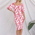 thumbnail image 2 of Économies d'Été! PEZHADA Robes d'Été pour Femmes, Robes Midi pour Femmes, Mode Décontractée de Printemps et Robe à Imprimé Floral à Manches Courtes, Épaules Dénudées, Longueur Genou, Rouge, 2 of 6