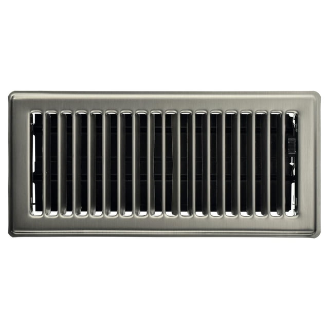 Imperial 4" x 10" brushed nickel steel floor register with louvered grille, all-steel construction, and durable powder-coat finish that resists rust. It includes an easy-to-operate damper control with rolled fins for strength and safety, designed for widespread air diffusion in home ventilation and ductwork.