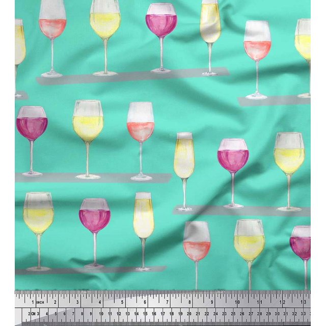 Soimoi Satin Silk Fabric Wine Glass Bar Decor Fabric Printed Yard 42 Inch Wide