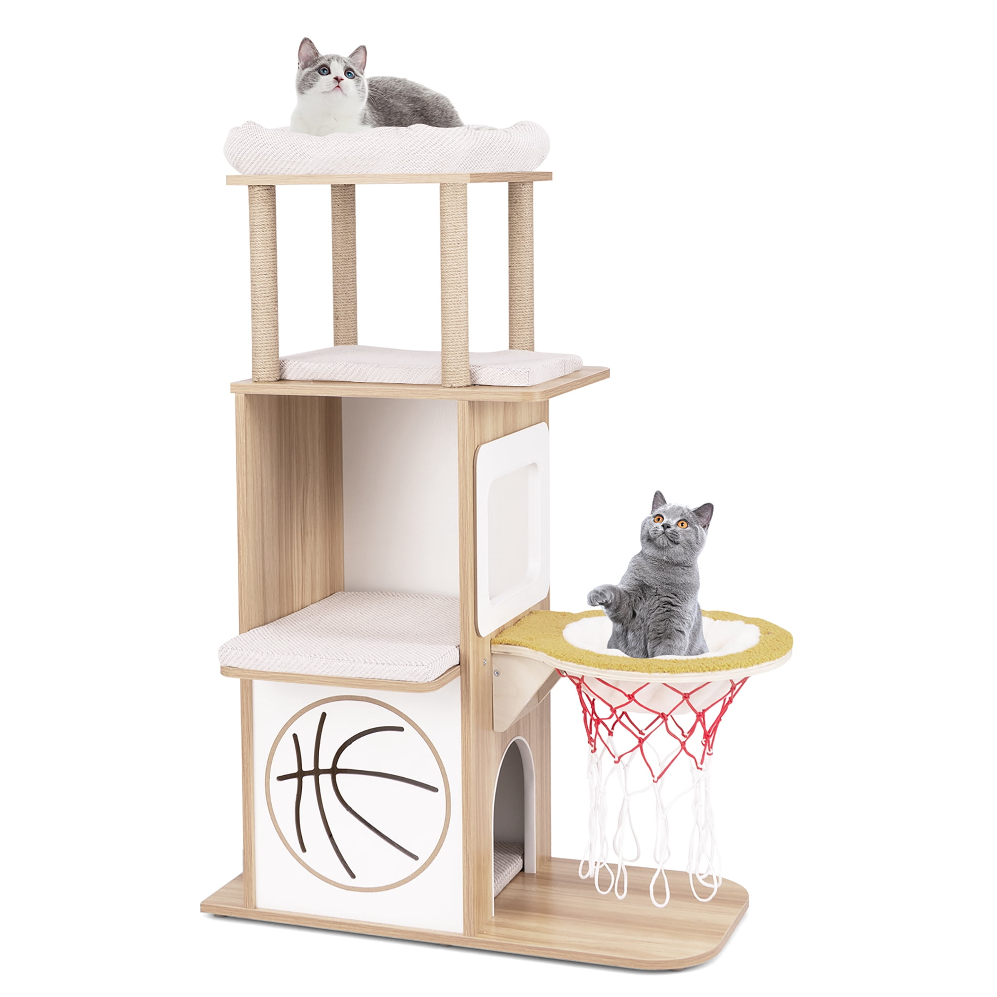 Gymax 47'' Wooden Cat Tree w/ 2-Story Cat Condo 2 Perches Basketball Hoop Hammock