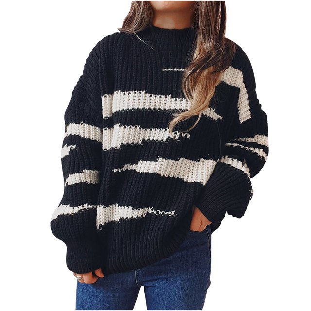 IROINID Women's Round Neckline Pullover Sweater Stripes Loose Mid-Length Long Sleeve Irregular Sweater Top