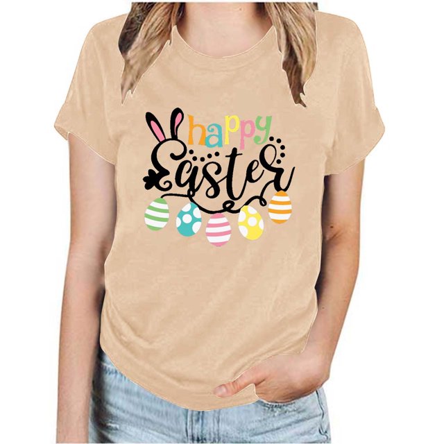 RKSTN Tops for Women 2024 Casual Été en Vrac Grande Taille Pâques Blouse Imprimée Graphique Tops Mode Col Rond Manches Courtes T-shirt