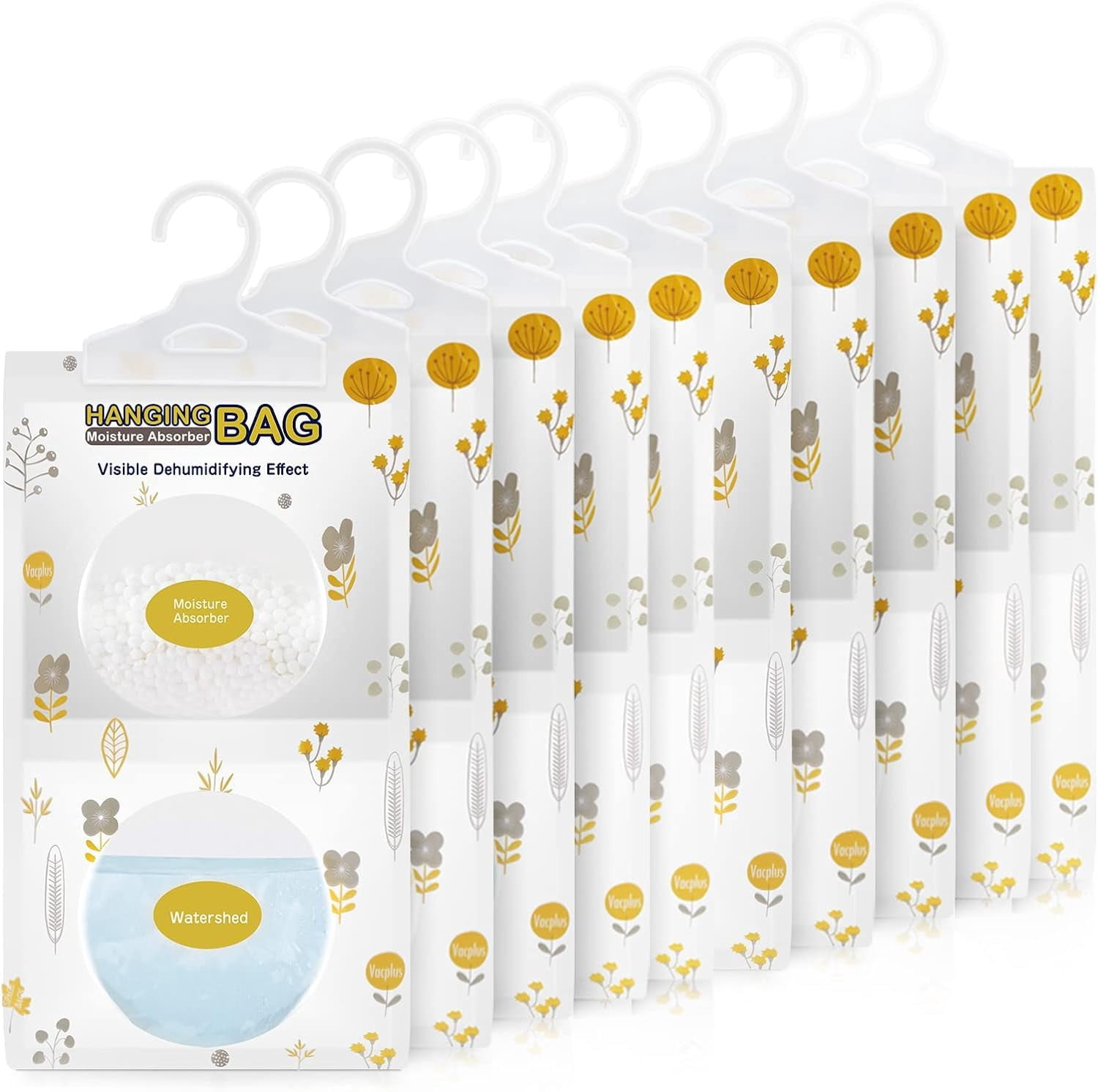 Vacplus Moisture Absorbers Hanging Closet Dehumidifier Bags Humidity Packs Desiccant Closet Dehumidifiers and Odor Eliminator with Fragrance Free for Fresher Air 10 Pack 9.8OZ