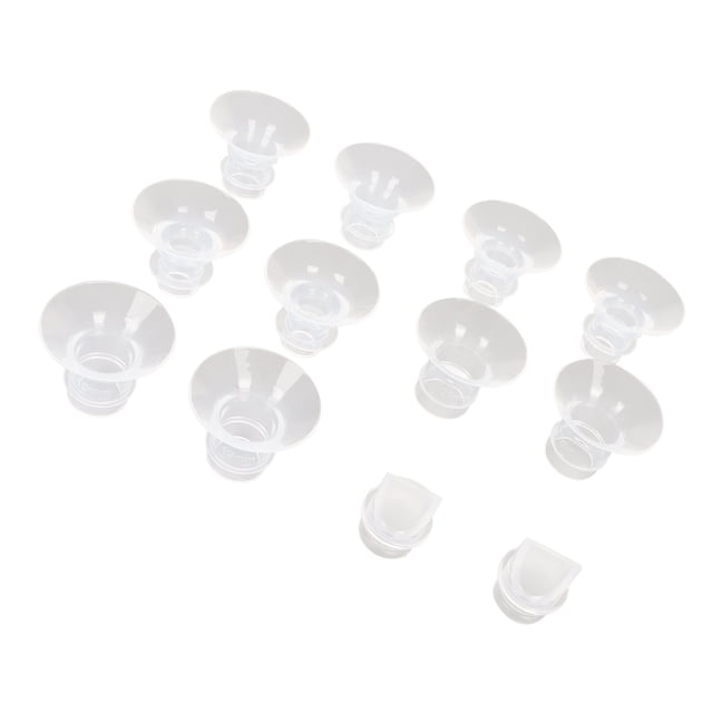 Silicone flange inserts in five sizes, including 13mm, 15mm, 17mm, 19mm, and 21mm, with two pieces per size, along with two duckbill valve replacement parts. Made from liquid silicone, these inserts are precision-designed for compatibility with wearable pumps, providing a better fit to prevent nipple swelling and improve milk expression efficiency. The set is displayed on a white background, showing all components clearly.