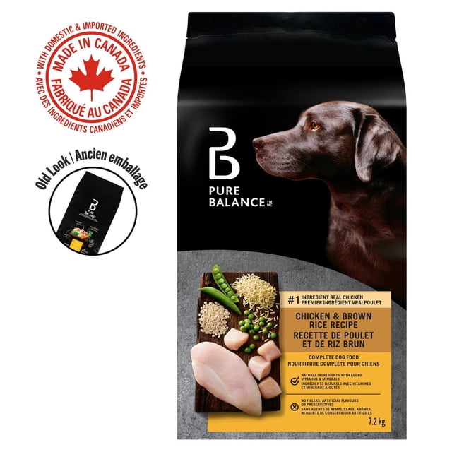 Pure Balance Chicken & Rice Recipe Dry Dog Food bag showing a brown dog profile and a label with real chicken, brown rice, peas, and oats, highlighting premium dog food made with natural ingredients for healthy digestion and no fillers, 7.2 kg.