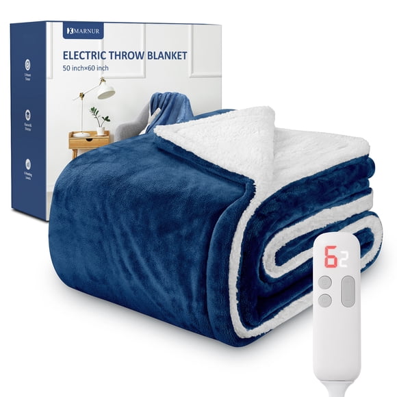 MARNUR Electric Throw Blanket 50"x60" Flannel & Sherpa Heated Throw Blanket with 6 Heating Levels, 5 Hours Timer - Blue