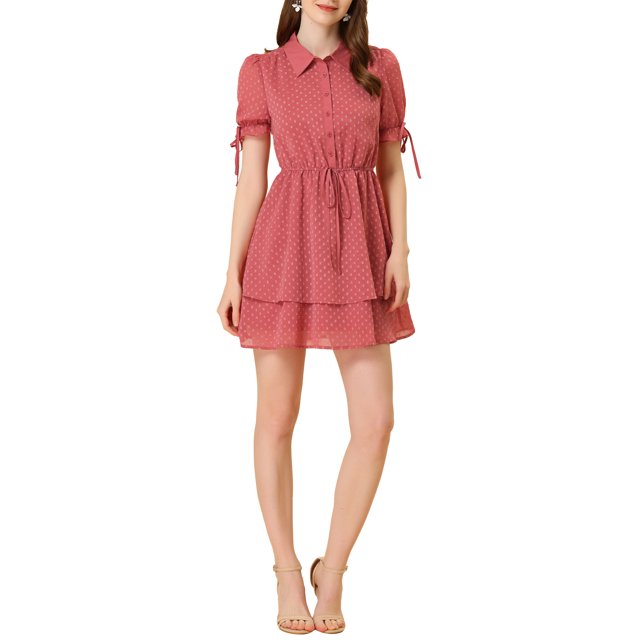 INSPIRE CHIC Women's Dress Peter Pan Collar Ruffle Cuff A-Line Layered Dress L Watermelon Red