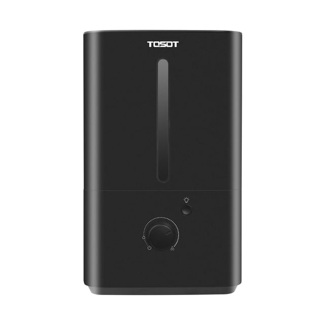 Ecohouzng 4L Ultrasonic Cool Mist Humidifier in matte black with a rectangular shape, vertical water level window, mist control dial, and night light button, offering variable mist control, low water auto shut-off, and whisper quiet operation ideal for small to medium rooms.