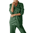 thumbnail image 1 of Women 2PCS Pajama Set  Solid Color Long Sleeve Button-Down Laple Collar Top Long Elastic Band Pants  Sleepwear Set, 1 of 8