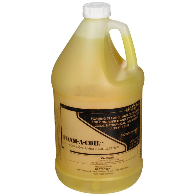 Rectorseal 82632 1-Gallon Foam-A-Coil Coil Cleaner, a biodegradable foaming cleaner and degreaser for evaporator and condenser coils, air conditioning units, and air handling equipment. The yellow plastic gallon container features a white screw cap and a black label with product details. Suitable for cleaning electronic and permanent air filters, window units, and small refrigerated equipment. Non-acidic, non-flammable, and environmentally responsible.
