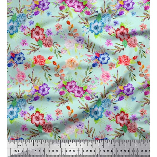 Soimoi Poly Georgette Fabric Leaves, & Rose Floral Decor Fabric Printed Yard 52 Inch Wide