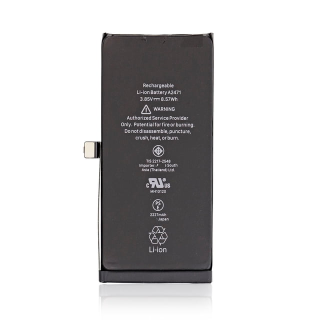 Batterie de Remplacement 2227 mAh pour Apple iPhone 12 Mini, une Batterie Li-ion rechargeable avec une Capacité de 3,85 V et 8,57 Wh. la Vue Orientée vers l'Avant Met en Valeur les Avertissements de Sécurité, les Marques de certification et la Compatibilité avec iPhone 12 Mini. Idéale pour les services Professionnels de Remplacement de Batterie.