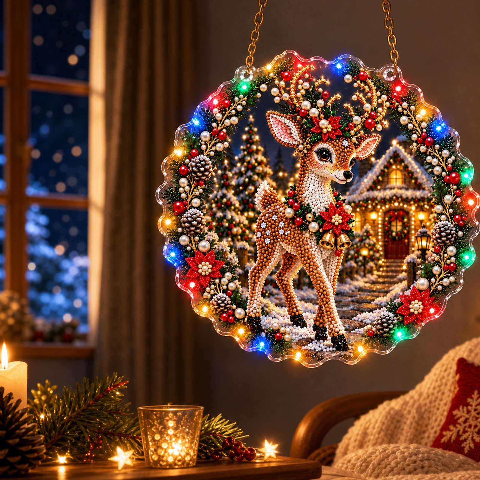 Light Sign Drawing Christmas DIY Light Hanging Ornament, Acrylic Diamond Art Wreath, LED ...