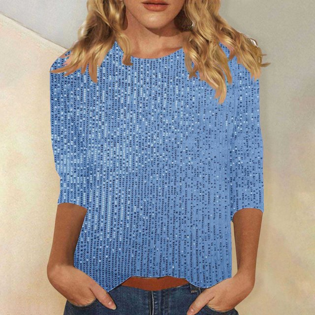 UPPADA 3/4 Chandails à Col Rond pour Femmes à Manches, Blouses Décontractées à Imprimé de Paillettes, Hauts Tendance à Coupe Ample, Chandails à Enfiler, Blouse à Manches Trois Quarts pour Femmes, Hauts Décontractés à Col Rond, Hauts pour Femmes à Manches 3/4, Économie