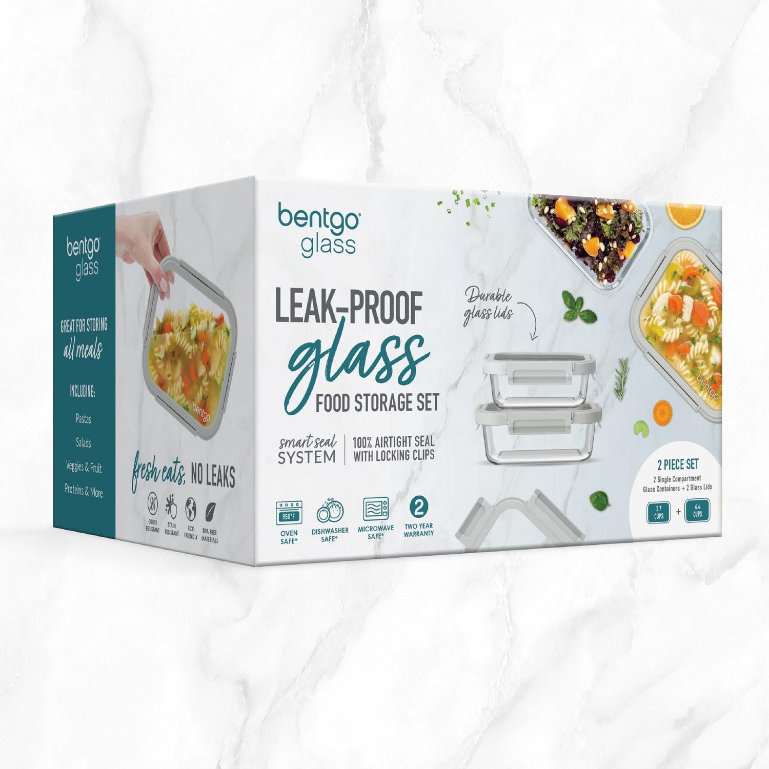 Ensemble de conservation des aliments en verre anti-fuite Bentgo Glass - Paquet de 2 (récipients de 2,7 tasses et 4,4 tasses) - Pebble Beach
