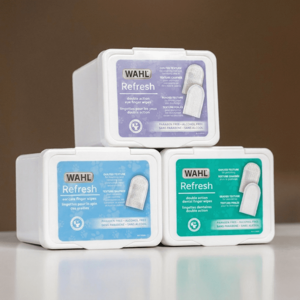 Wahl Refresh Eye Care Finger Wipes for Dogs – Dual-Sided Silicone & Soft Pearl Textures Remove Tear Stains & Debris, Fragrance-Free with Vitamin E & Aloe, Model-58557