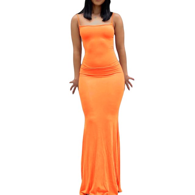 QJUHUNG Women Solid Color Long Dress Sexy Bodycon Stretchy Maxi Lady Spring Fall Summer Spaghetti Strap Dress