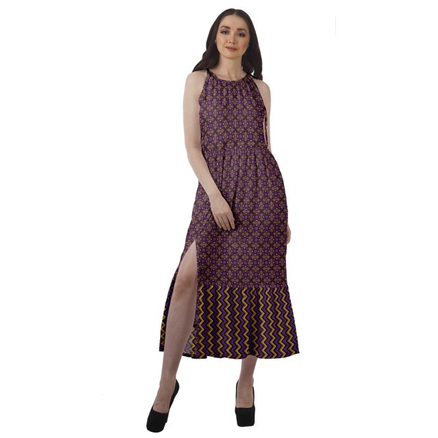Moomaya Robe Longue Imprimée pour Femmes, Fente avant, Aguichant, Sans Manches, en Rayonne, Robe de Mariage