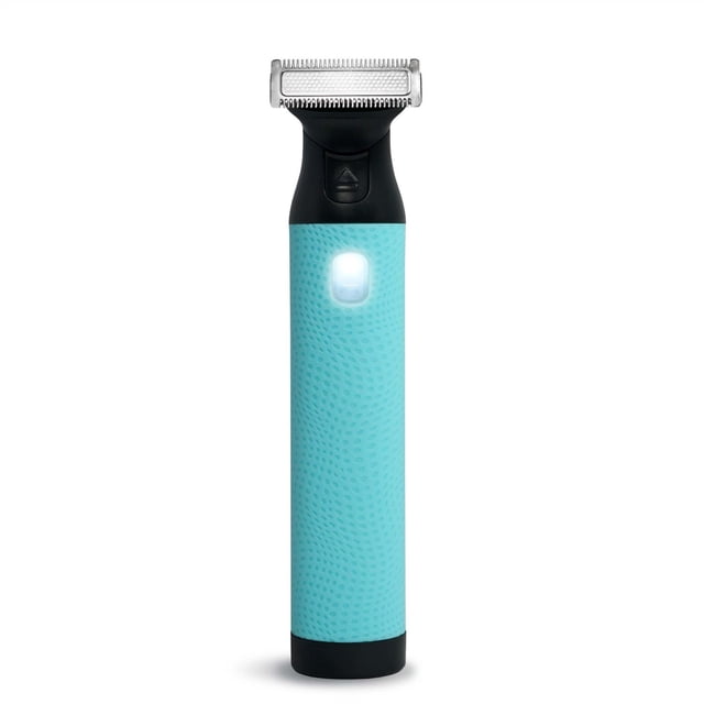 PlusOne Ensemble de Tondeuse Intime avec Tondeuse rechargeable Doté d'Un Manche Texturé Bleu Pâle, d'Une Toupie Noire avec Lames Bidirectionnelles et d'Un Projecteur DEL, Conçu pour le Toilettage des Hommes et un Rasage Sans Brûlure dans les Zones Sensibles.