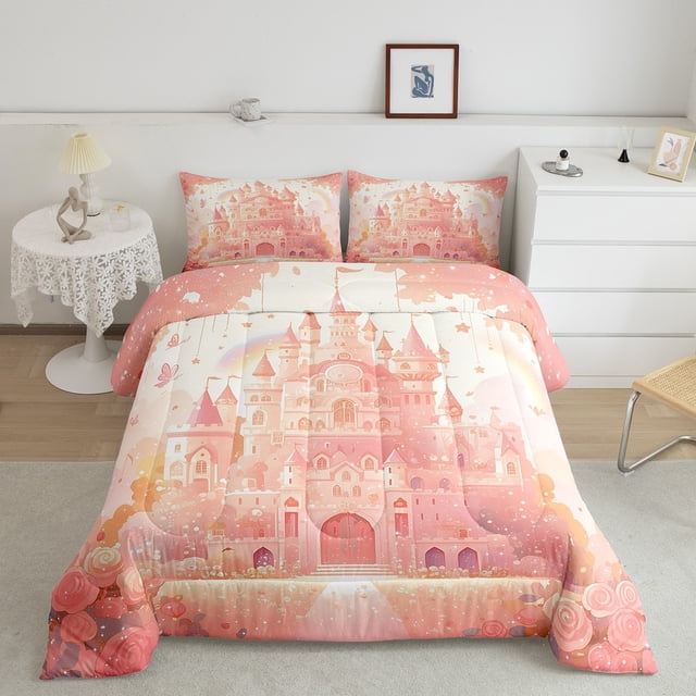 YST Girly Castle Comforter Set Full Romantic Castle Bedding,Dreamy Garden Flowers Bedding Comforter Sets Rainbow Butterfly Roses Floral Duvet Insert Princess Palace Room Decor