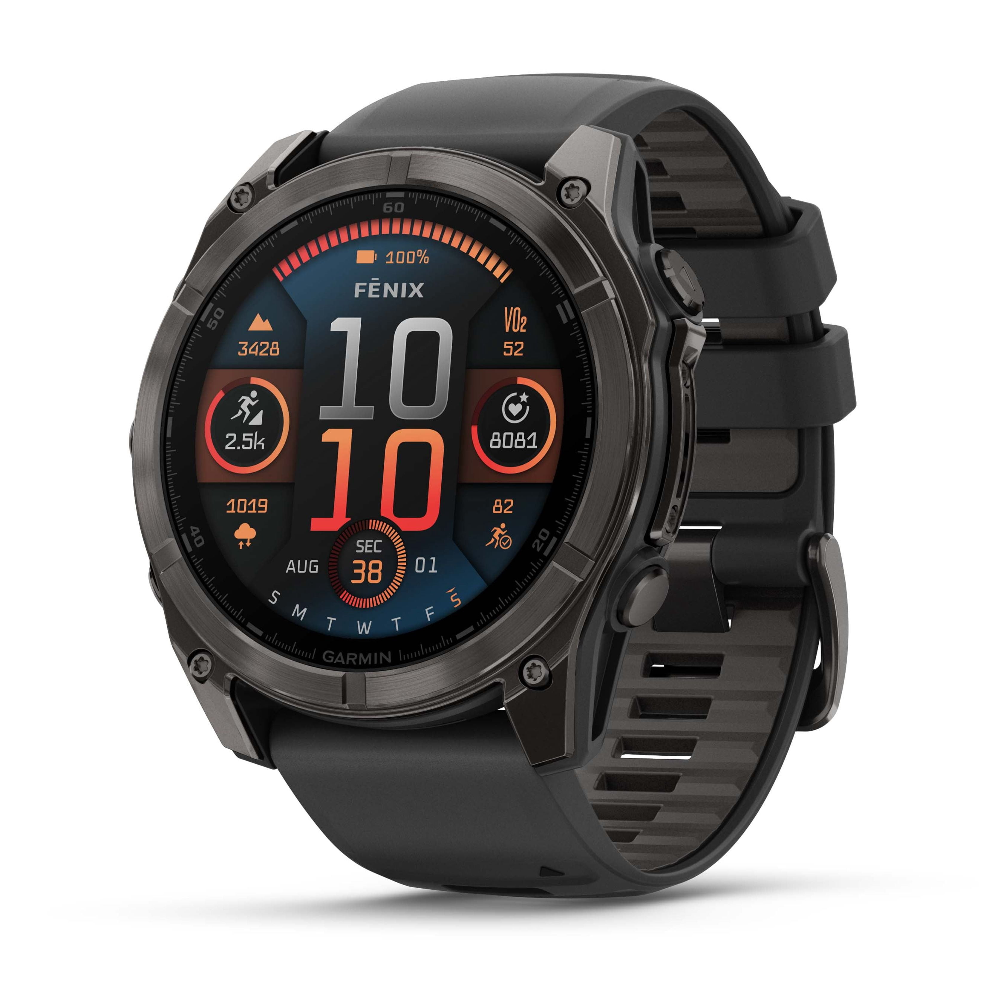 Garmin fēnix® 8 AMOLED Display Sapphire Lens GPS Smartwatch - 51-mm - Carbon Grey DLC Titanium Bezel with Black/Pebble Grey Silicone Band