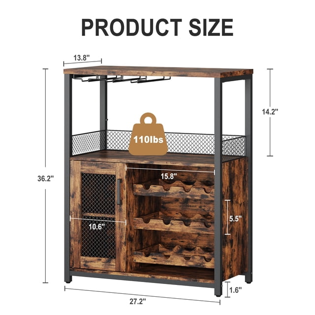 GloryStar Wine Bar Cabinet - Large Capacity Liquor Cabinet with Storage, Adjustable Shelves for Glassware, Sturdy MDF Construction, Easy Assembly Wine Rack Ideal for Dining Room Bar & Kitchen