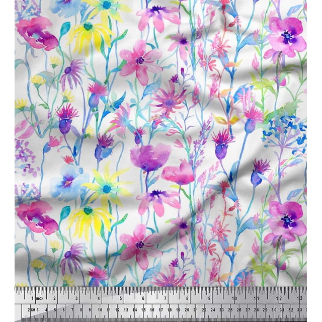 Soimoi Moss Georgette Fabric Flower Watercolor Printed Fabric 1 Yard 42 Inch Wide