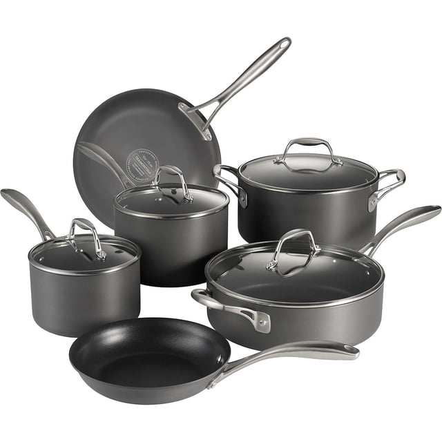 Tramontina 10-Piece Hard Anodized Cookware Set in grey featuring heavy-gauge aluminum pots and pans with reinforced nonstick interiors, stainless steel handles, and heat-resistant glass lids, ideal for sautéing, simmering, and braising in the kitchen.