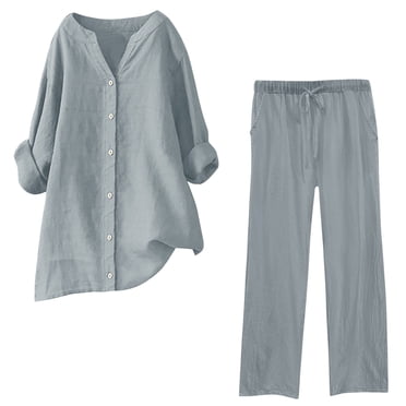 Timegard Ensembles 2 Pcs pour Femmes Grande Taille Manches Longues Col en V à Encoche Chemises Boutonnées Pantalons à Cordon Ensembles de Détente