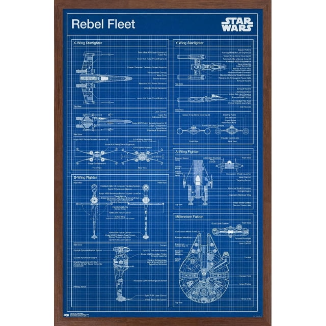 Star Wars : Saga - Affiche Murale de Plan Rebelle, 22,375 Po x 34 Po Montrant des Plans Détaillés de Vaisseaux de la Flotte Rebelle Incluant des X-Wing, Y-Wing, B-Wing, A-Wing Fighters et Millennium Falcon avec des Pièces Étiquetées et des Vues Multiples sur un Fond à Grille Bleue Encadré en Bois Foncé, art Mural Idéal pour la Déco de la Maison Ou le Bureau.