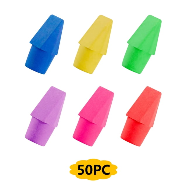 TopLLC Pencil Cap Eraser Student Pencil Replacement Pencil Cap Pencil Eraser 50pc in multicolour. Includes 50 small, pointed rubber erasers designed to fit on pencil tops. Colours include blue, yellow, green, purple, pink, and red. Ideal for erasing pencil marks at home, school, or office. Often referred to as pencil eraser caps or eraser set.