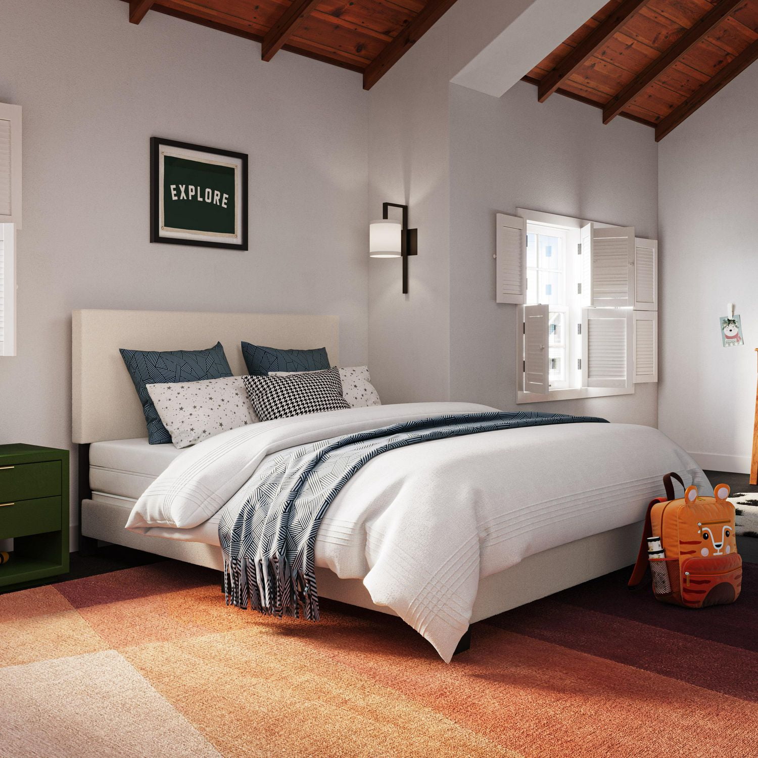 Lit adulte capitonné CorLiving Celeste en tissu bouclé blanc cassé avec tête de lit, sommier requis