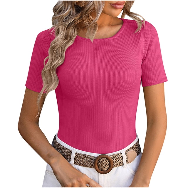 Yuyuzo Hauts de Sortie pour Femmes Col Rond T-Shirt Côtelé Basique Slim Vêtements d'Été