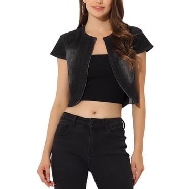 INSPIRE CHIC Veste en Jean d'Été pour Femme 2023 Courte en Denim à Manches Cap Ajustées L Noir