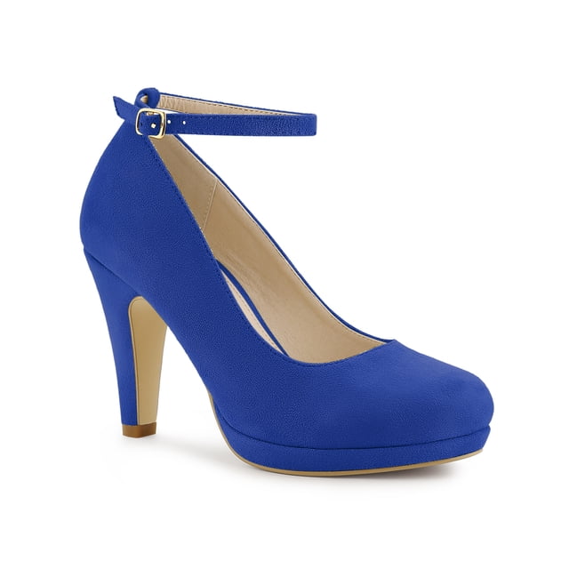 BLISSFUL STEP Chaussures pour Femmes Bout Rond Talon Aiguille Bride à la Cheville Escarpins Bleu Foncé 9.5