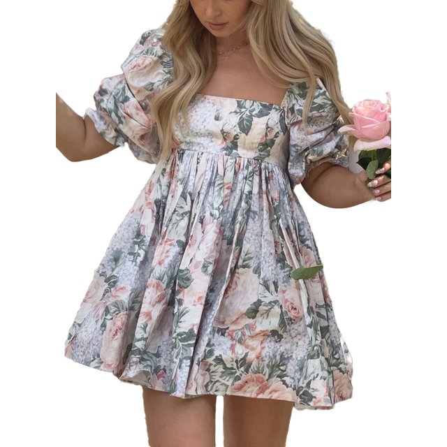 SAYOO Robe Femme Dos Nu Courte Princesse Robe à Bulles, Robe Mini à Manches Courtes Florale Robe Décontractée à Encolure Carrée Robe d'Été pour Femmes Robes Courtes de Rue pour Filles Robes de Plage Robes Courtes de Fée pour Adolescentes