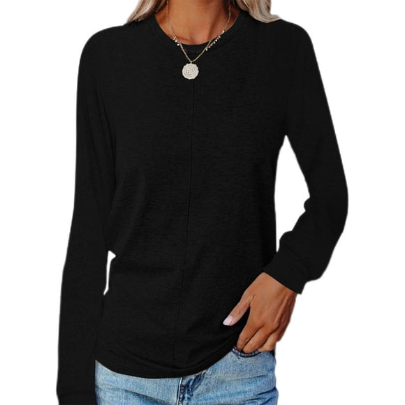 Innerwin T-shirt Long Sleeve Women T Shirt Dailywear Solid Color Loose Tee Black L