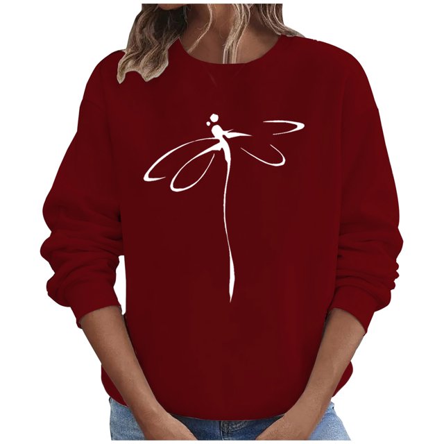 Penkiiy Blouses pour Femmes Hauts pour Femmes Automne Manches Longues Chandail Ample à Enfiler Chemise Décontractée Dames Imprimé Poitrine Col Rond Chandails Vin Vêtements Y2K