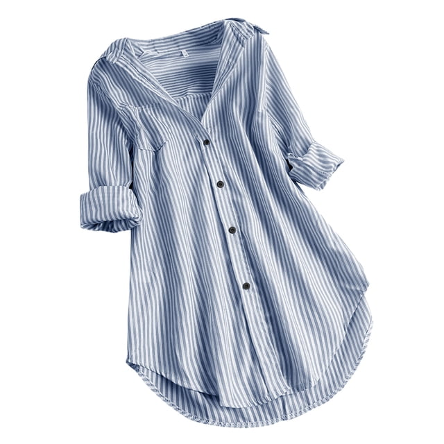 Timegard Womens Shirts Striped Long Sleeve Lapel v Neck Button up Tops Fall Casual Work Loose Blouse